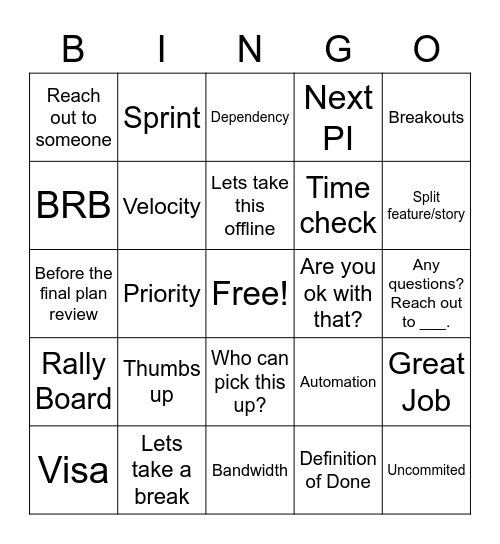 PI Planning Day 1 Bingo Card