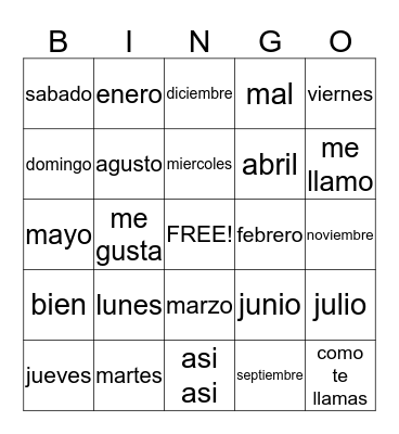 dias de la semana meses del ano Bingo Card