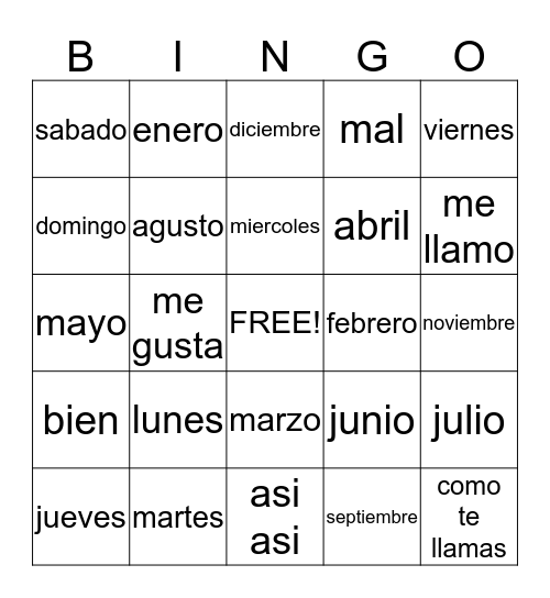dias de la semana meses del ano Bingo Card