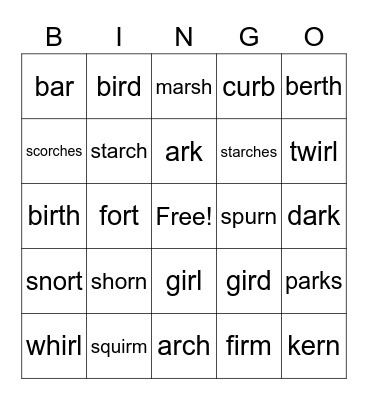 R-Controlled Words 8.1 Bingo Card