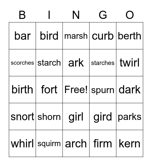 R-Controlled Words 8.1 Bingo Card