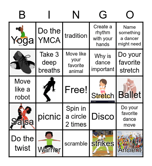 Dance/Movement Bingo Card
