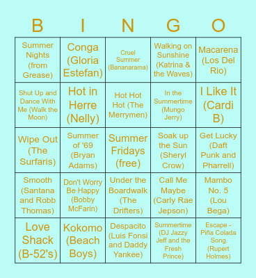 HI Summer Songs Bingo Card