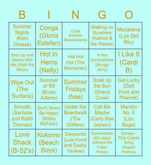 HI Summer Songs Bingo Card