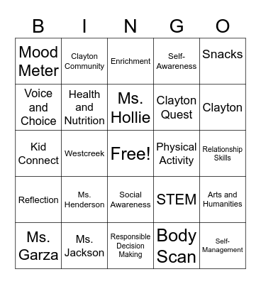 Clayton @ Westcreek Bingo Card