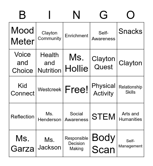 Clayton @ Westcreek Bingo Card