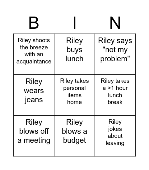Trunky Riley Bingo Card