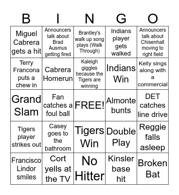 Baseball Bingo: Indians vs Tigers Bingo Card
