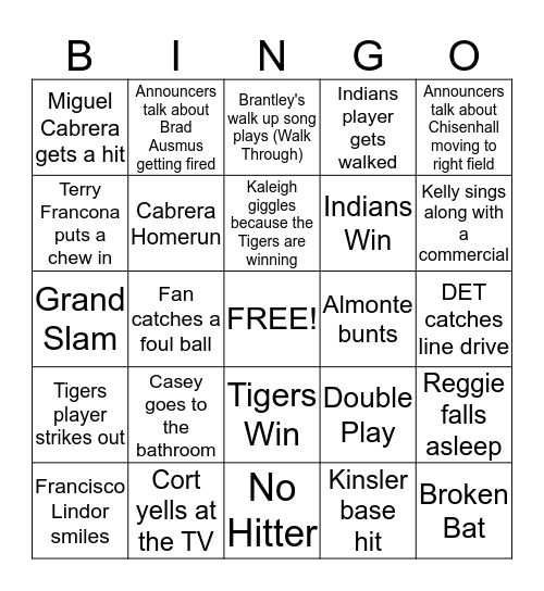 Baseball Bingo: Indians vs Tigers Bingo Card