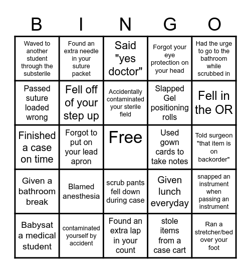 Never Have I Ever Surgical Bingo Card