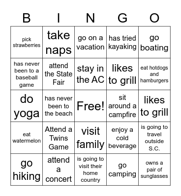 Find someone who - summer activities Bingo Card