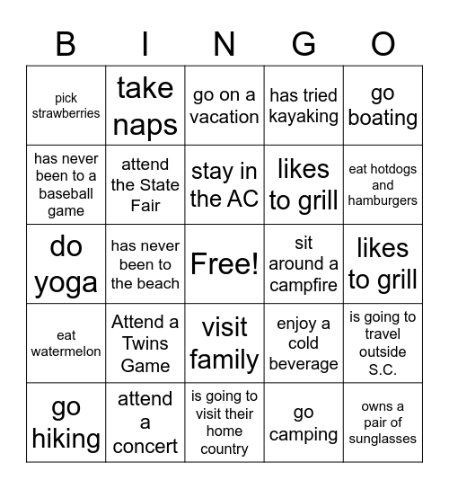 Find someone who - summer activities Bingo Card