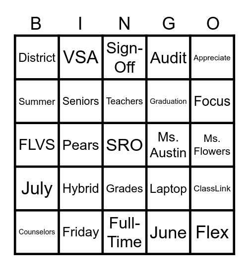 SRO End of the Year Bingo Card