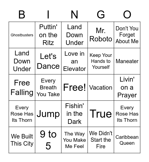 Hits of the 80s Bingo Card