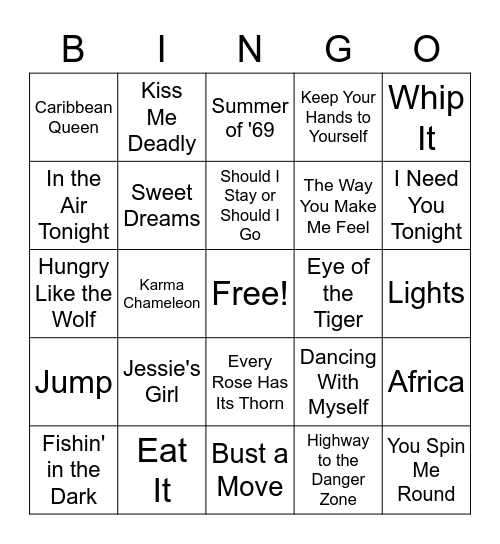 Hits of the 80s Bingo Card