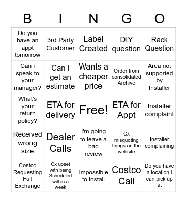 Customer Service Bingo Card