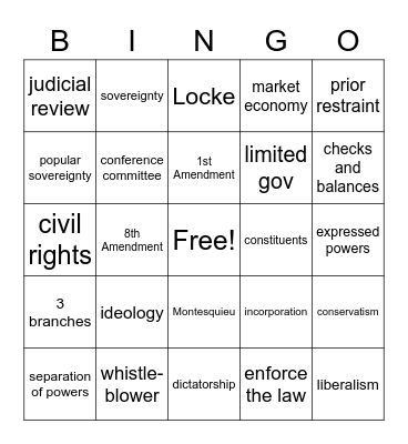 US Government Final Review Bingo Card
