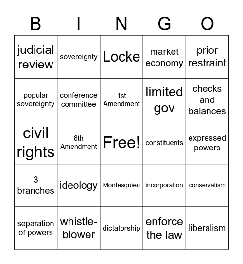 US Government Final Review Bingo Card