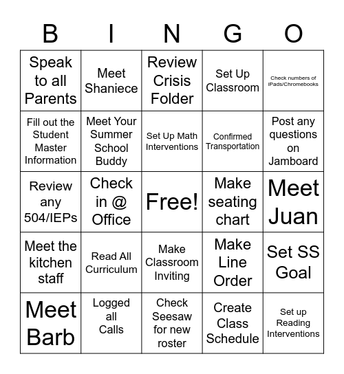 Stonegate Summer School Bingo Card