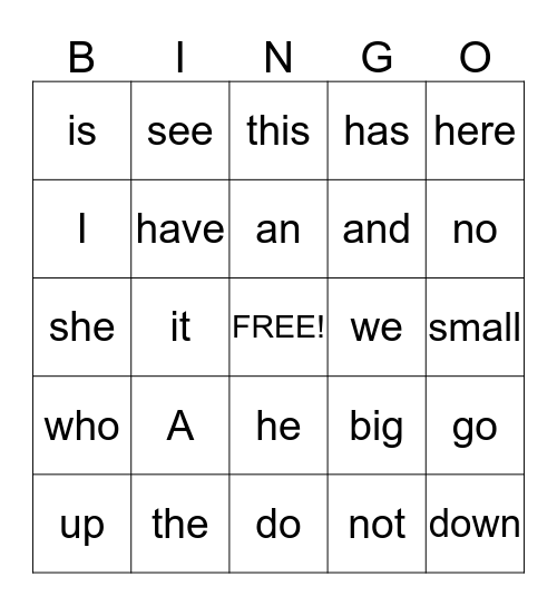 Sight Word Bingo Card