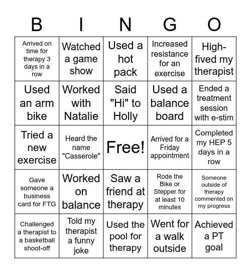 Physical Therapy Bingo Card