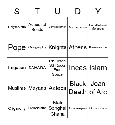6th Grade EOY Benchmark Bingo Card