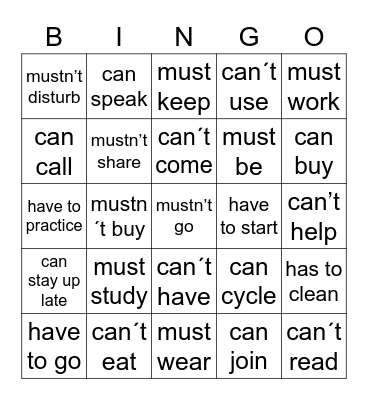 Modal Verbs Bingo Card