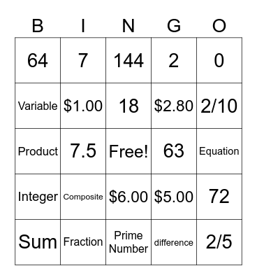 Math Pop-UP Bingo Card