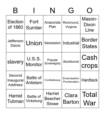 Civil War Bingo Card