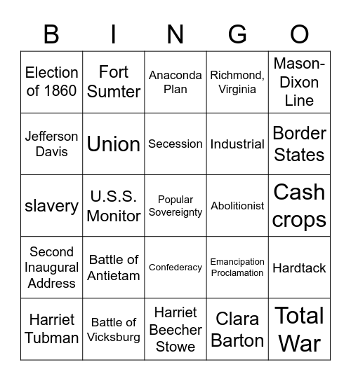 Civil War Bingo Card