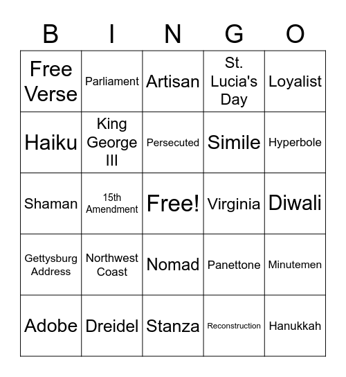 Vocabulary Review Bingo Card