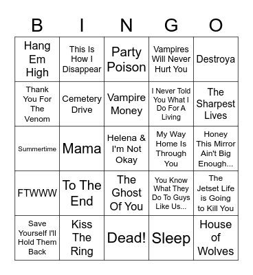 MCR Setlist Bingo Card