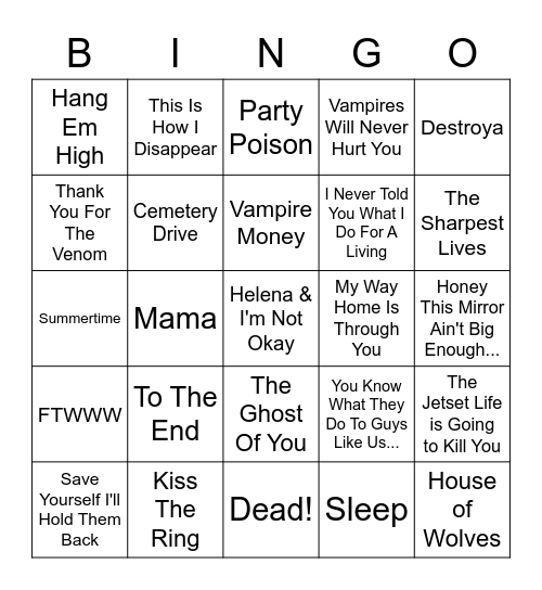 MCR Setlist Bingo Card
