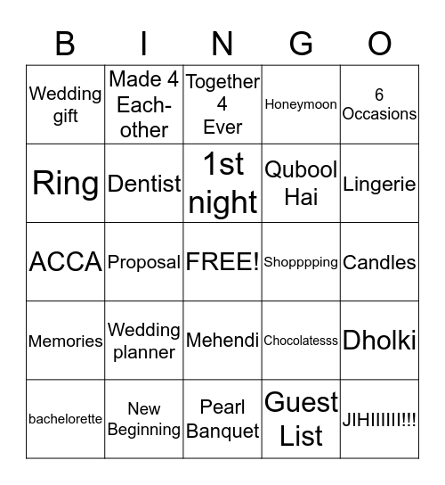 Bridal Bingo Card