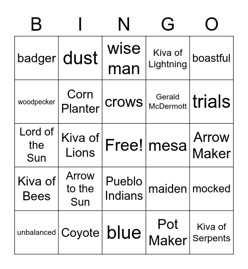 English 3D Coyote & Arrow to the Sun Bingo Card