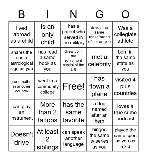 Getting to Know You Bingo Card