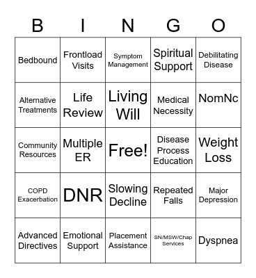 Palliative Home Health Bingo Card