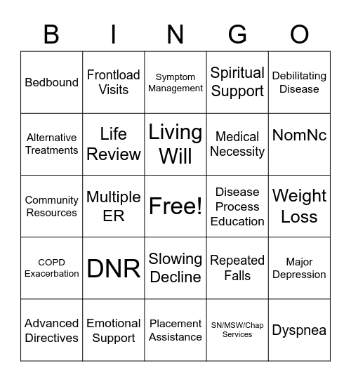 Palliative Home Health Bingo Card