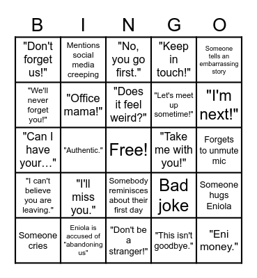Eniola's sendforth Bingo Card