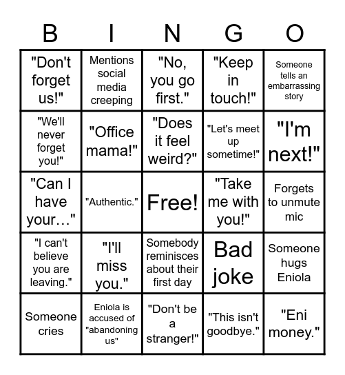 Eniola's sendforth Bingo Card