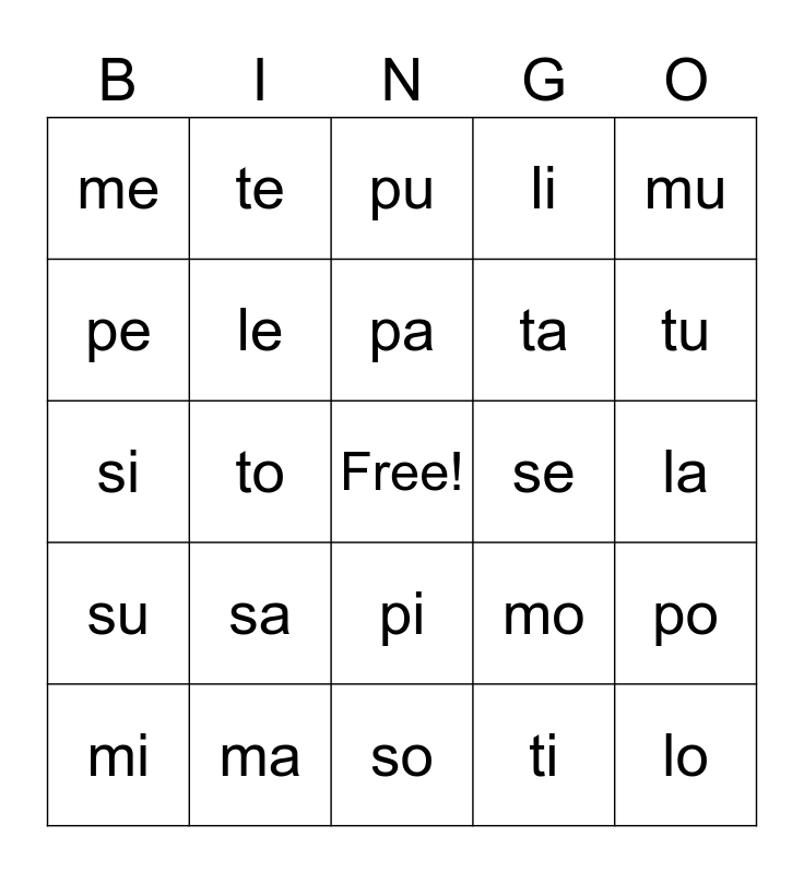 Silabas Bingo Card