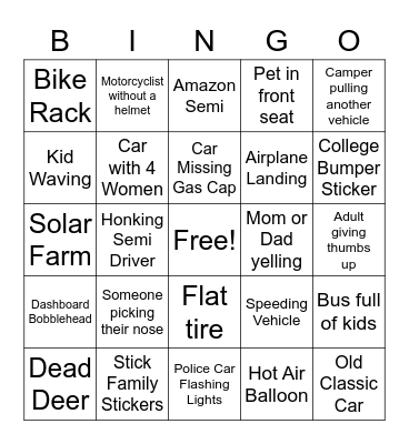 Road Trip Bingo Card