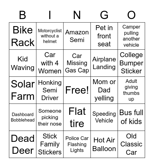 Road Trip Bingo Card