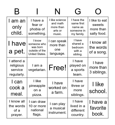 Diversity Bingo Card