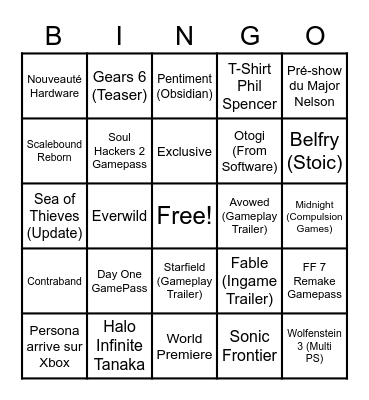 Conférence Xbox & Bethesda & Friends Bingo Card