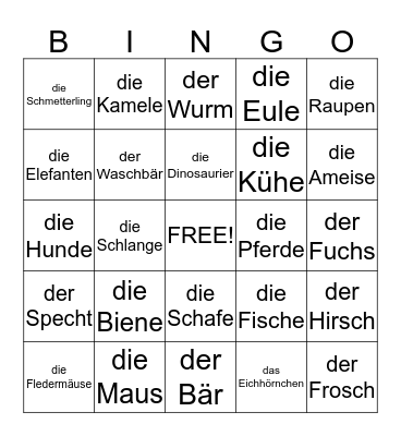 German  Animals Bingo Card