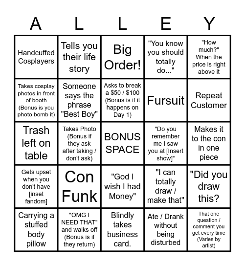 Artist Alley Bingo Card
