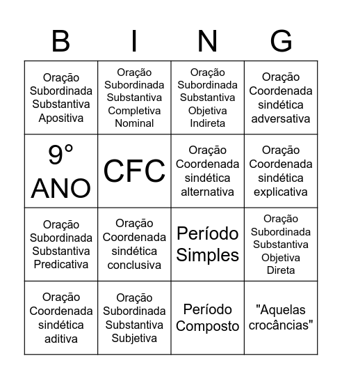 Bingo das Subordinadas e Coordenadas Bingo Card