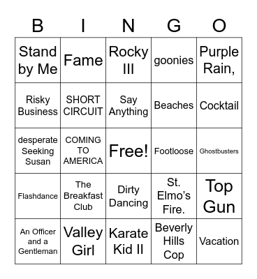80's movie songs Bingo Card