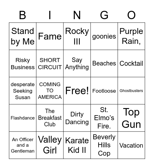 80's movie songs Bingo Card